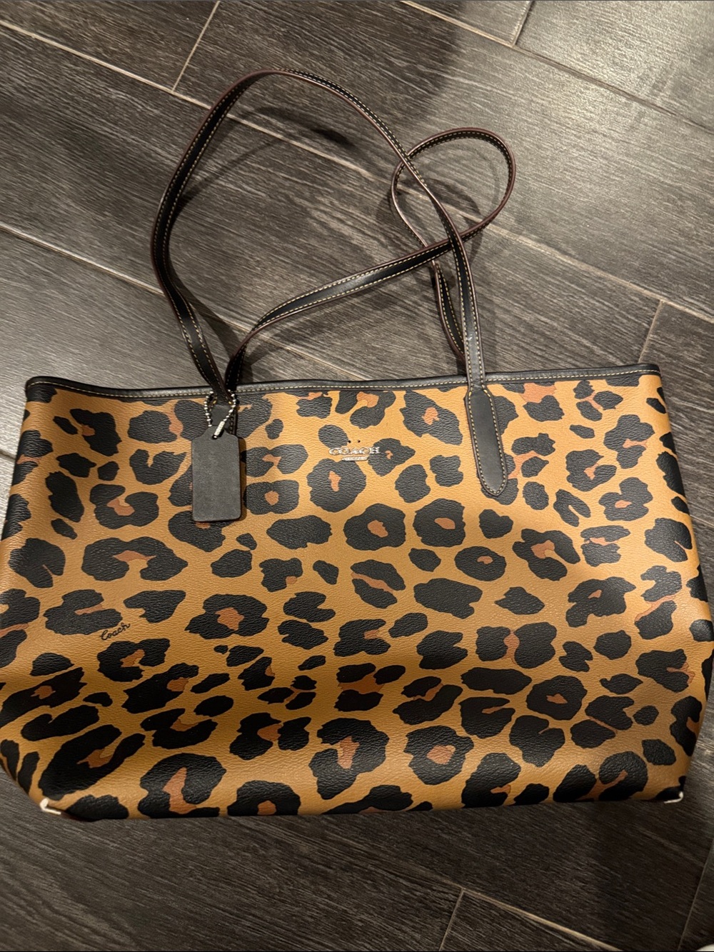 Coach Leopard-Print Leather Tote - Tan/Black